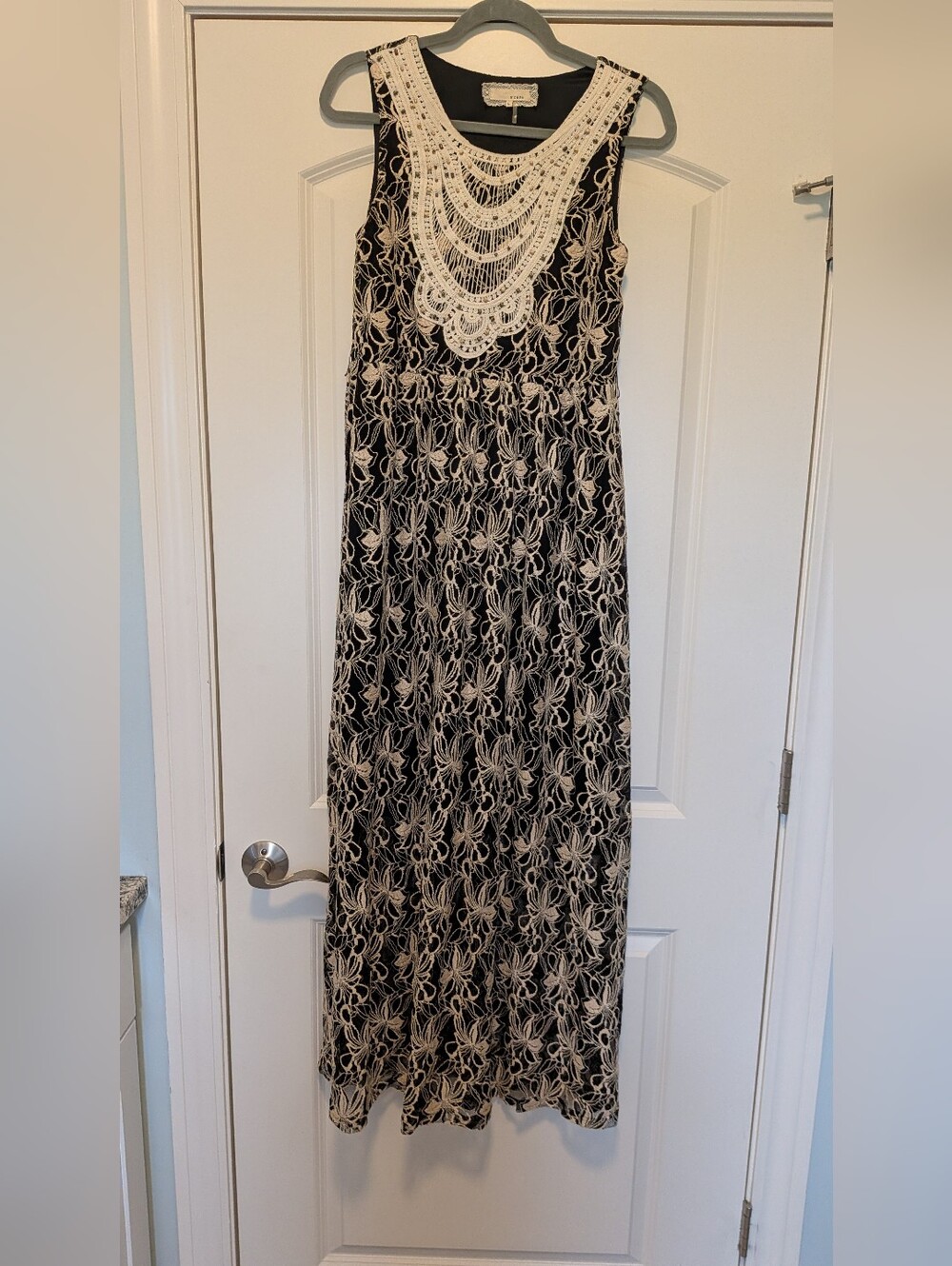 A'Reve By Anthropologie Black Maxi Dress with Cream Lace Crochet Yoke